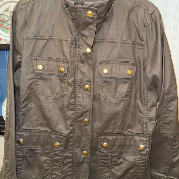 J Crew Downtown Field Jacket women’s size Medium M Waxed Cotton Dark Green Gold - Picture 3 of 12